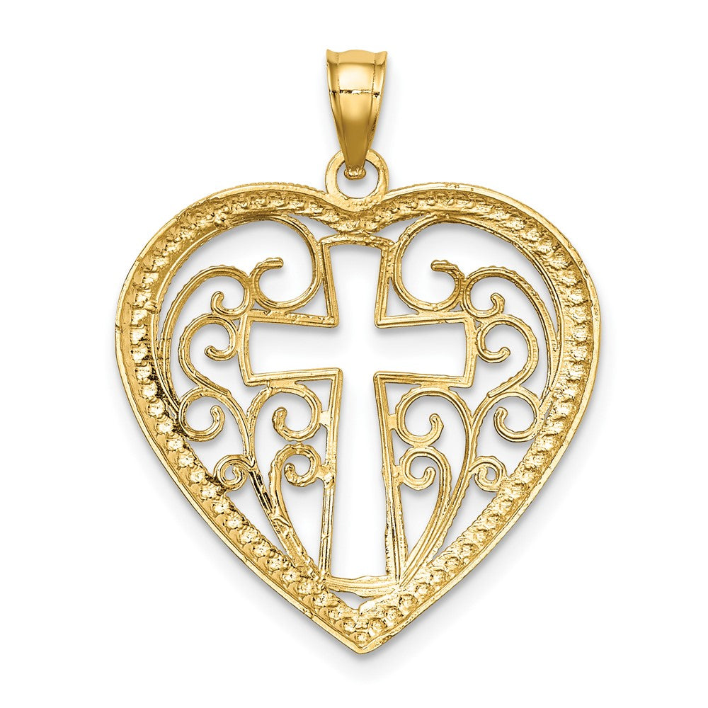 10k Yellow w/Rhodium 22 mm Cut-Out Beaded Filigree Heart W/ Cross Charm (1.72 grams)