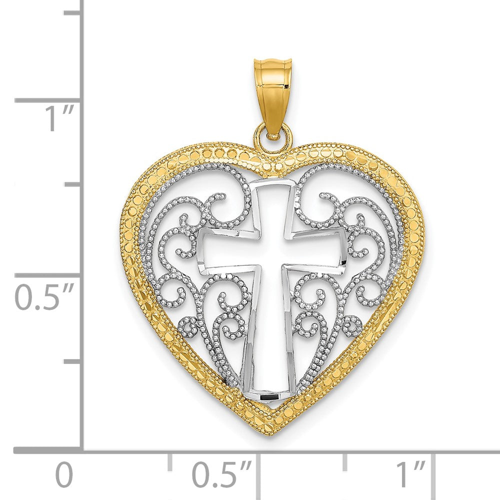 10k Yellow w/Rhodium 22 mm Cut-Out Beaded Filigree Heart W/ Cross Charm (1.72 grams)