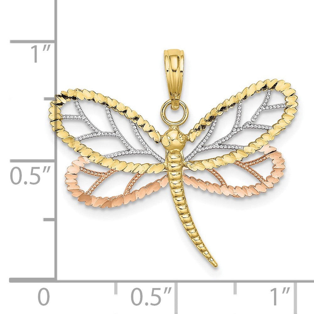 10k Two-tone 28.2 mm Tri-Color Dragonfly w/Beaded D/C Wings Charm (1.43 grams)