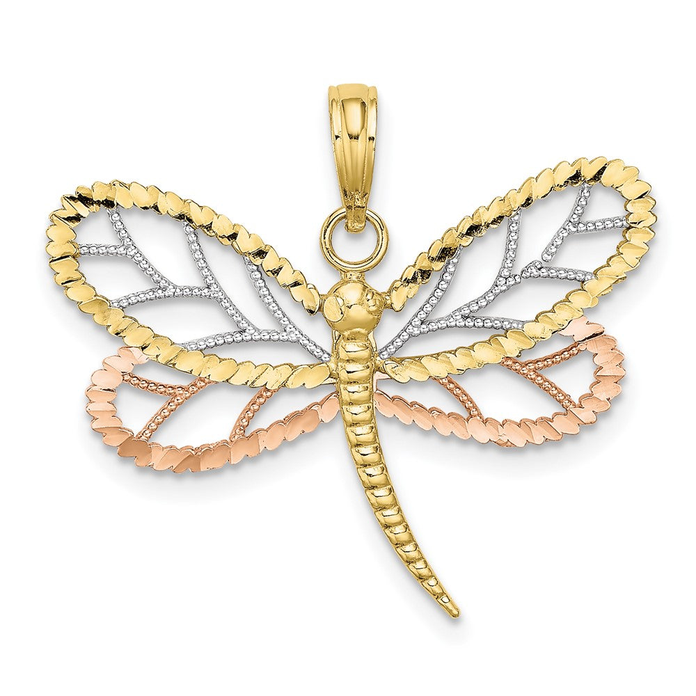 10k Two-tone 28.2 mm Tri-Color Dragonfly w/Beaded D/C Wings Charm (1.43 grams)