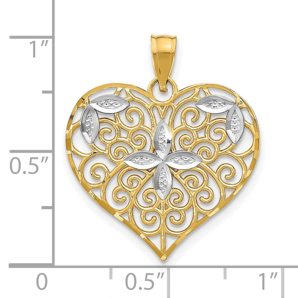 10k Yellow w/Rhodium 21.8 mm  Cut-Out Filigree Flower and Heart Charm (1.15 grams)