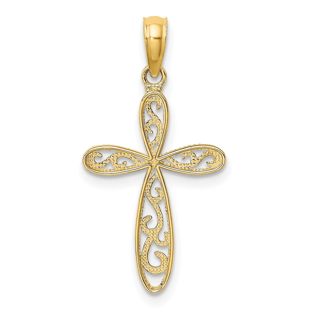 10k Yellow w/Rhodium 14 mm  Filigree and Milgrain Cross Charm (0.64 grams)