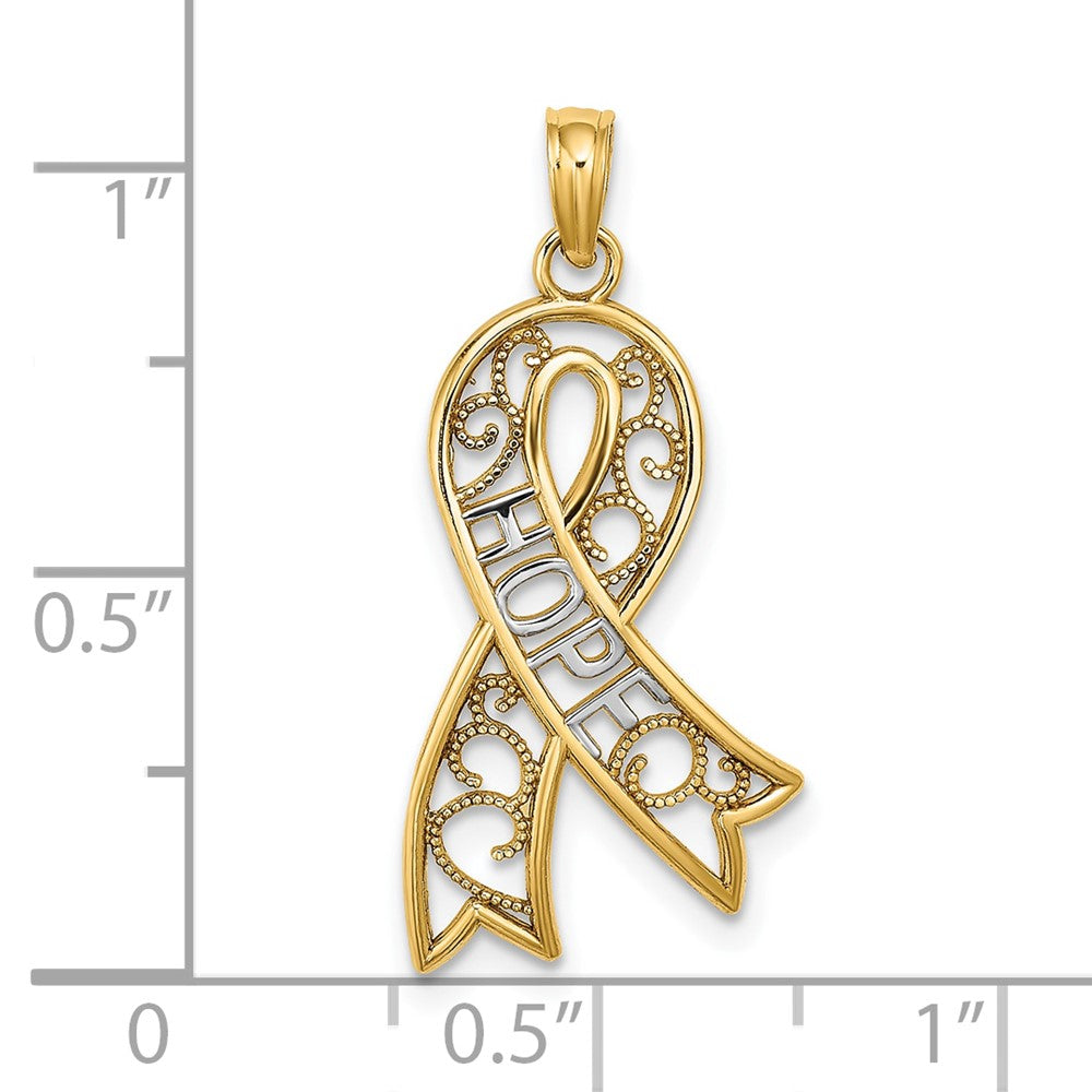 10k Yellow w/Rhodium 14 mm  Filigree Ribbon HOPE Charm (0.91 grams)