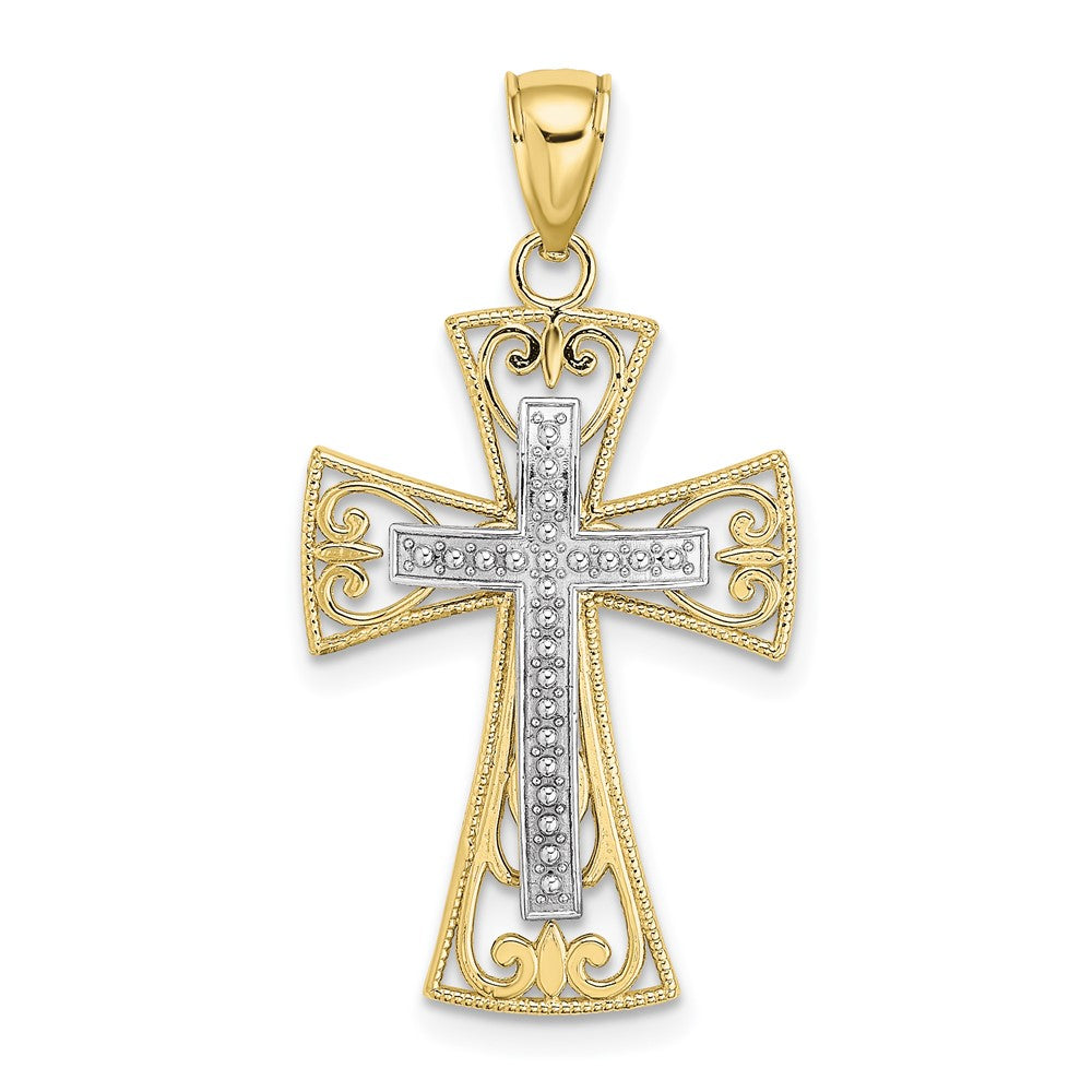 10k Two-tone 18 mm Two-tone 2-D and D/C Beaded Filigree Cross Charm