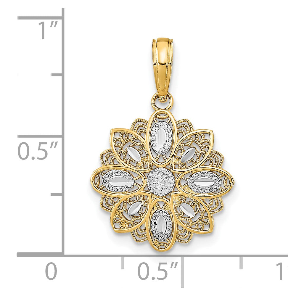 10k Yellow w/Rhodium 15 mm  and D/C Filigree Flower Charm (0.85 grams)