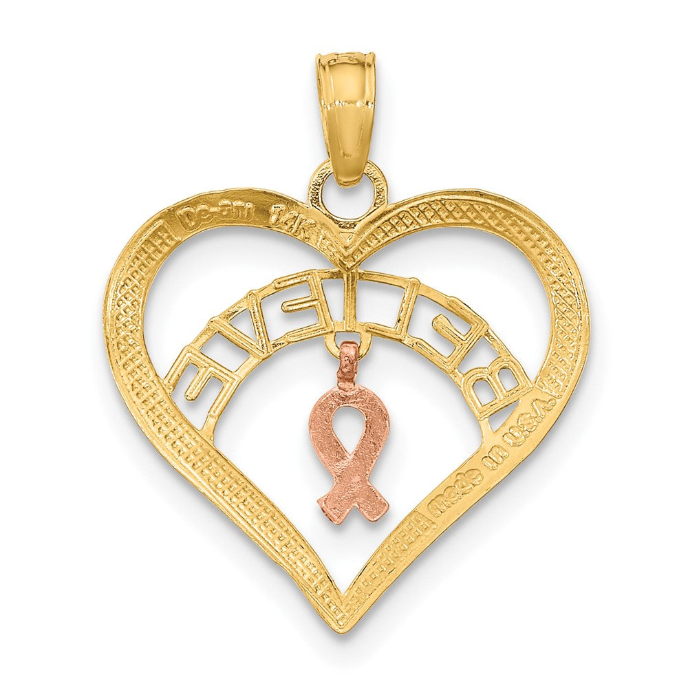 10k Two-tone 18.35 mm  BELIEVE in Heart w/ Breast Cancer Ribbon (0.65 grams)