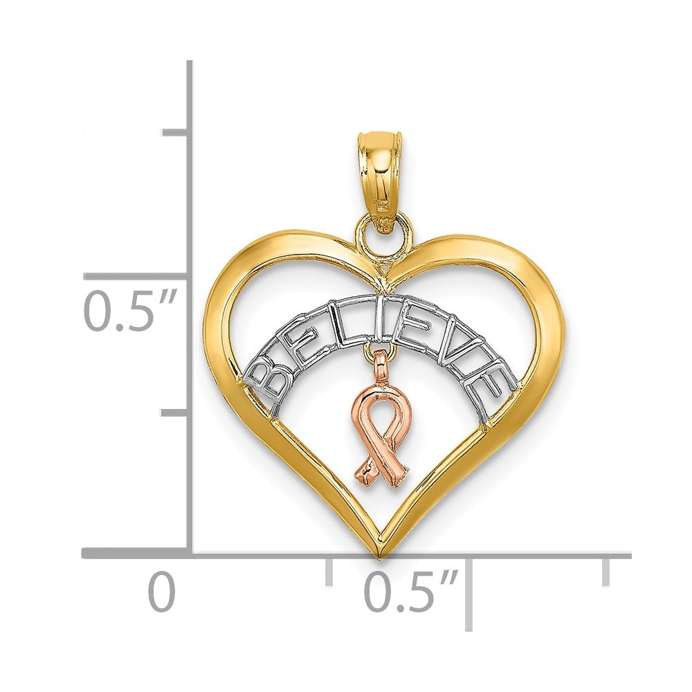 10k Two-tone 18.35 mm  BELIEVE in Heart w/ Breast Cancer Ribbon (0.65 grams)