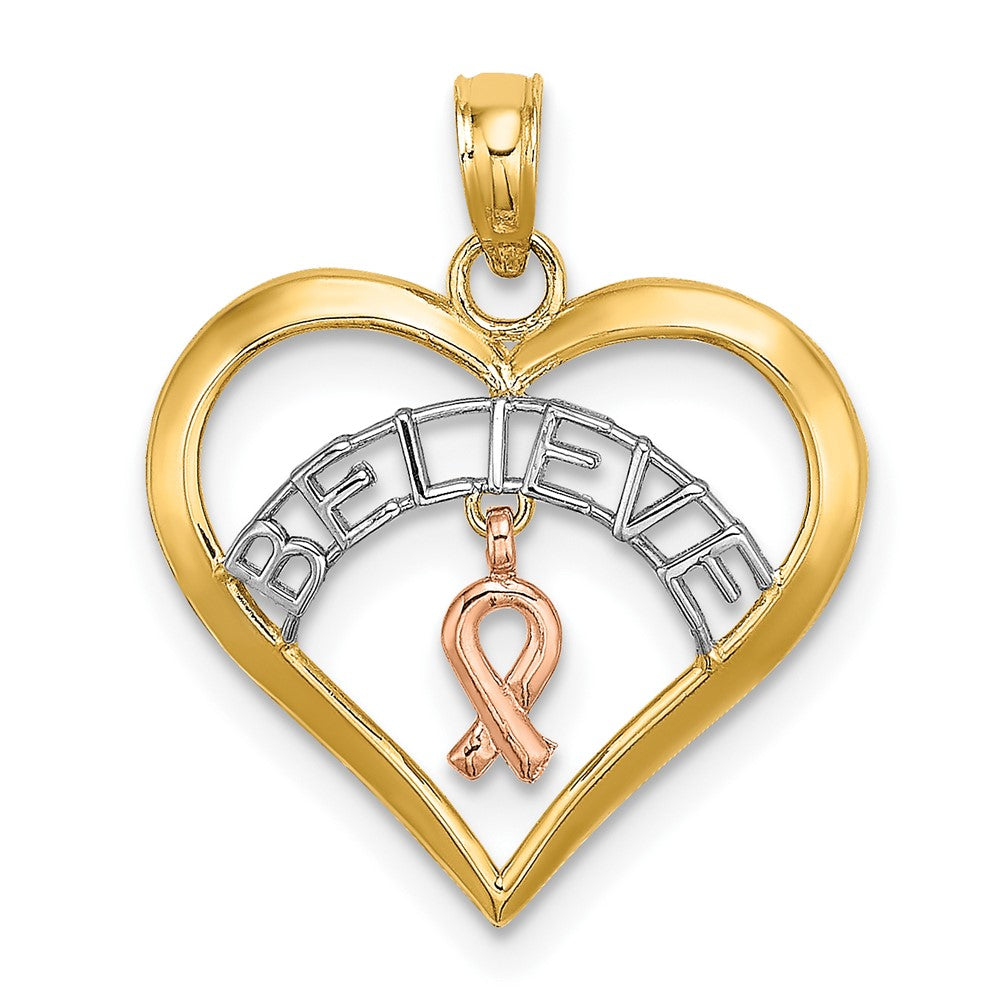 10k Two-tone 18.35 mm  BELIEVE in Heart w/ Breast Cancer Ribbon (0.65 grams)