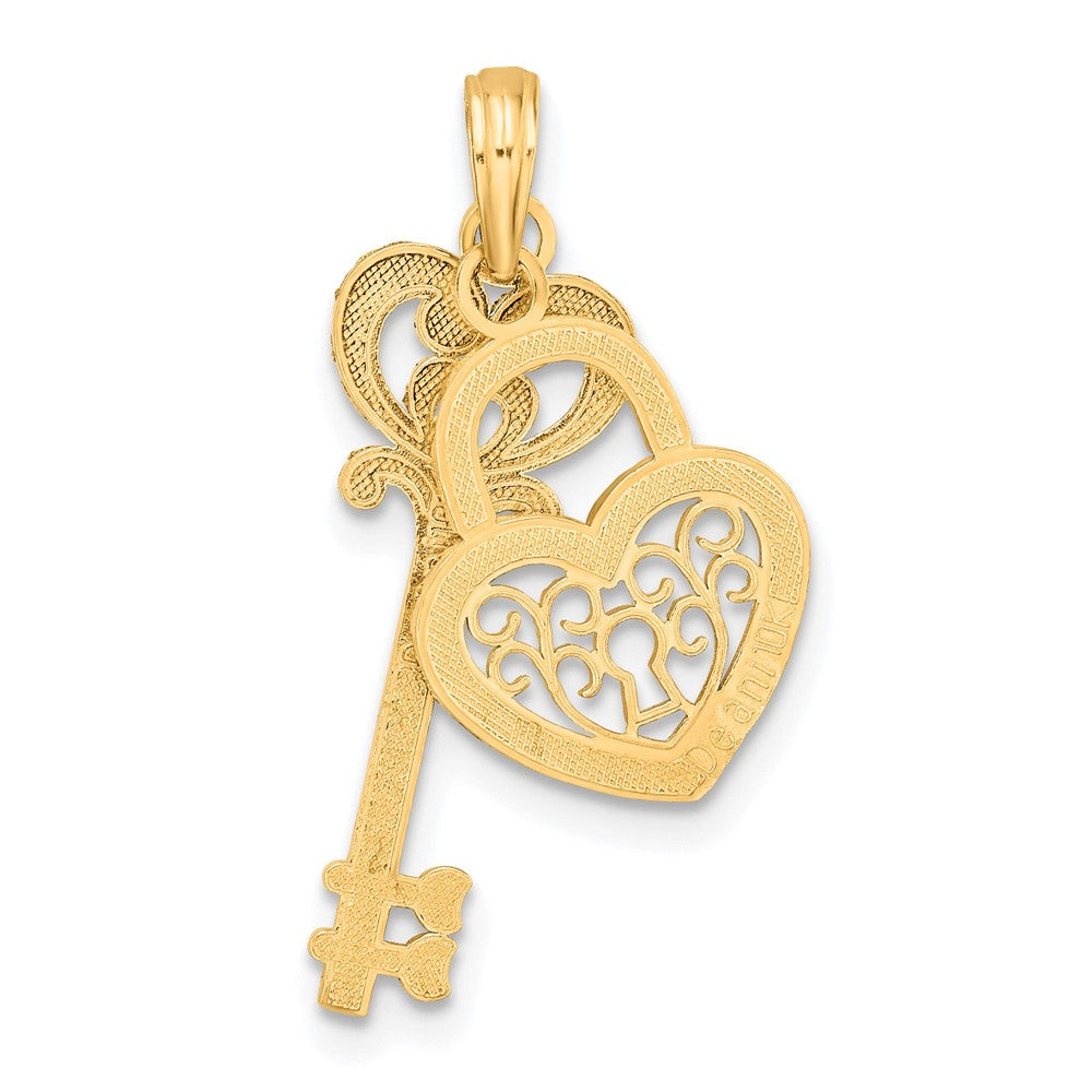 10k Yellow w/Rhodium 11.9 mm  Filigree Heart Lock and Key Pendant (1.3 grams)