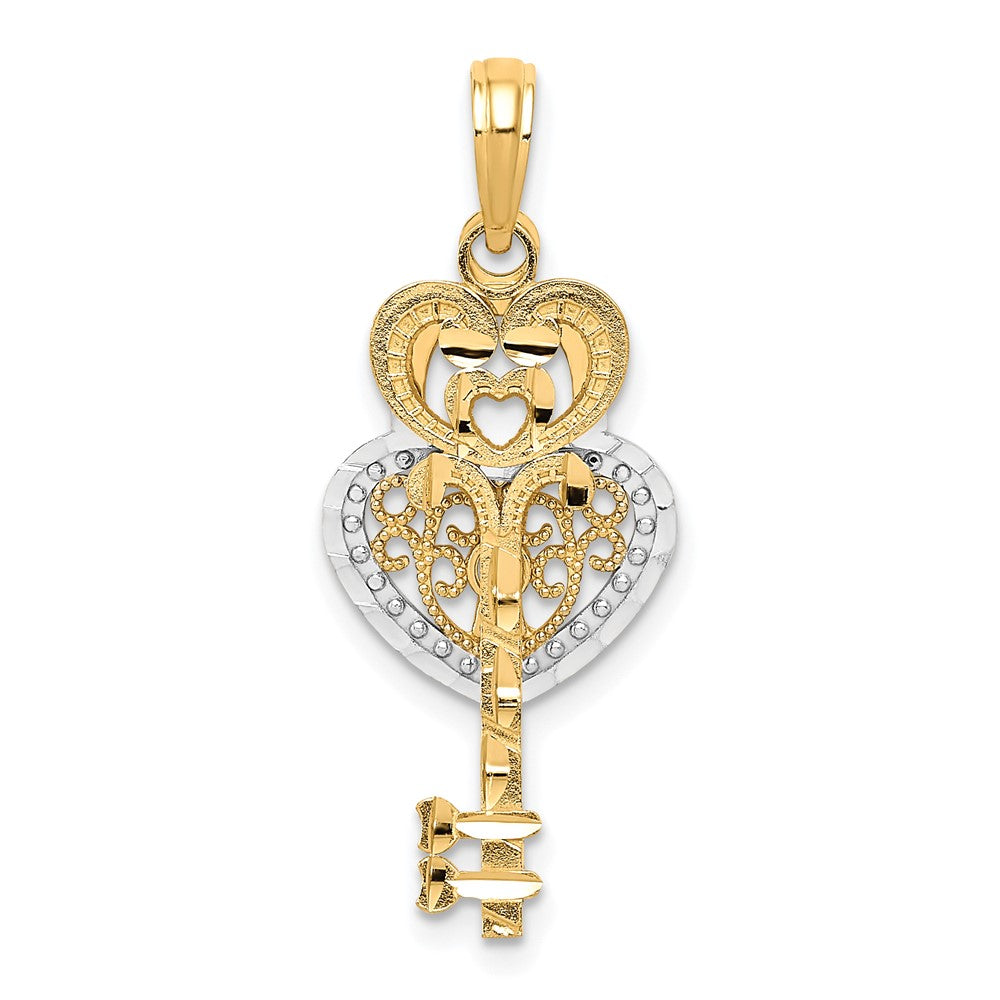 10k Yellow w/Rhodium 11.9 mm  Filigree Heart Lock and Key Pendant (1.3 grams)