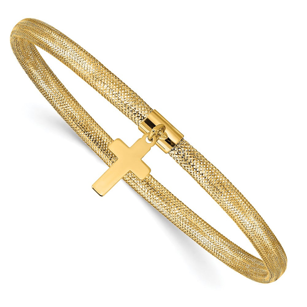 10k Yellow Gold 4 mm Mesh Cross Dangle Stretch Bracelet
