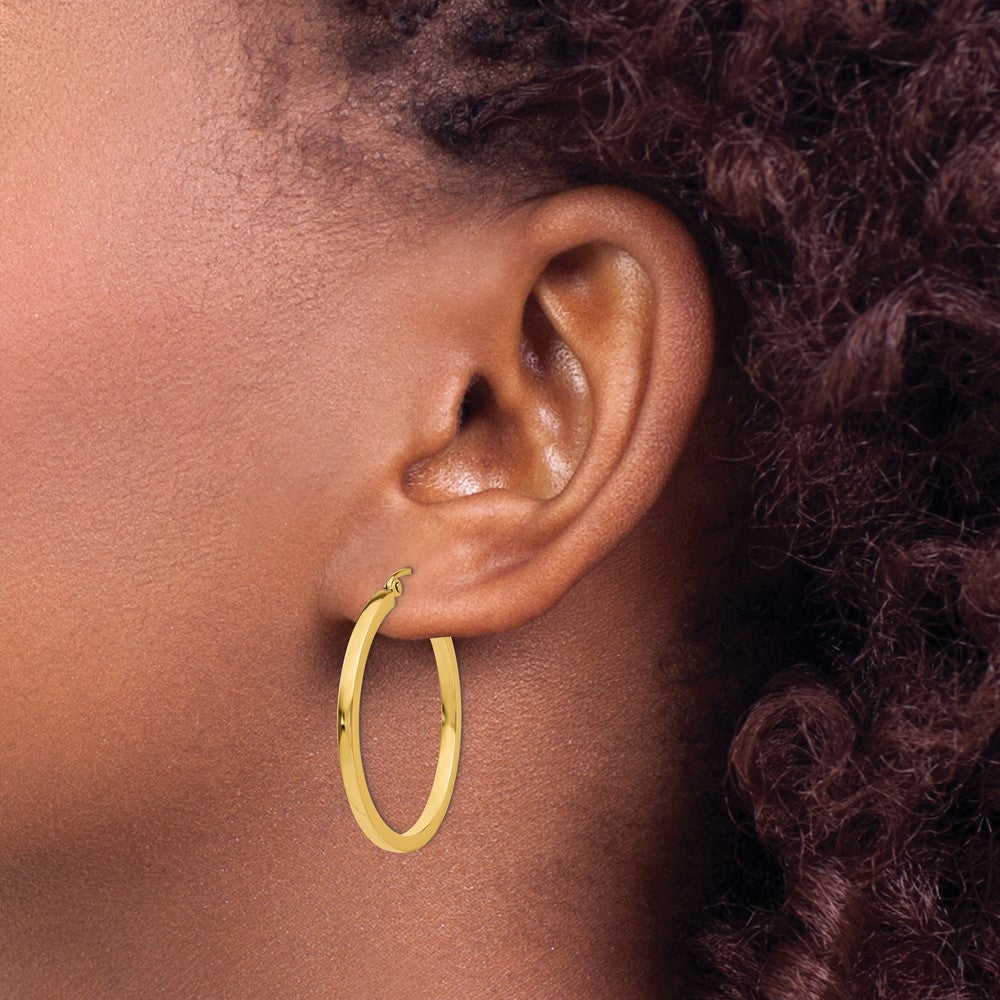 10k Yellow Gold 35 mm Square Tube Hoop Earrings
