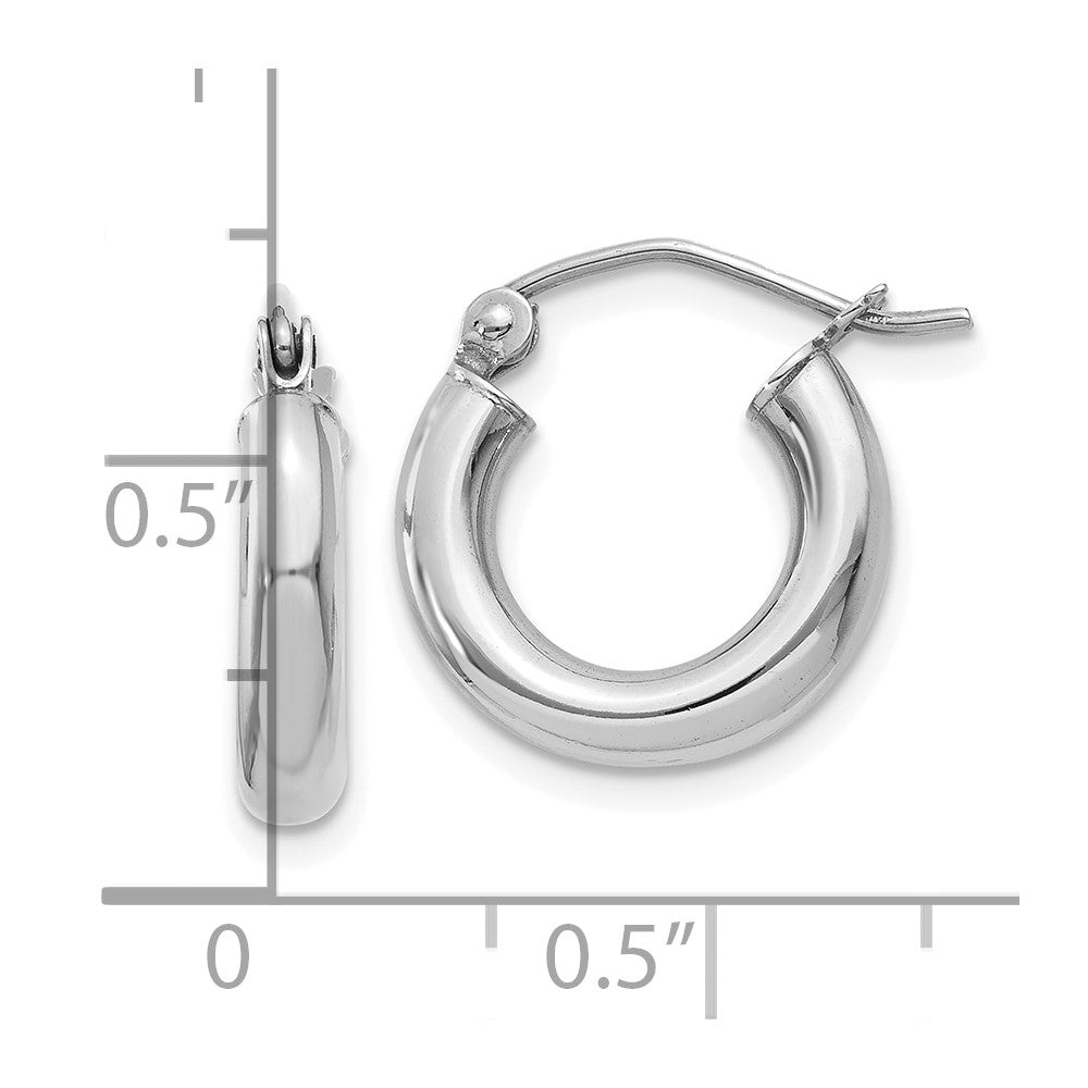 10k White Gold 3 mm Lightweight Tube Hoop Earrings (0.84 grams)