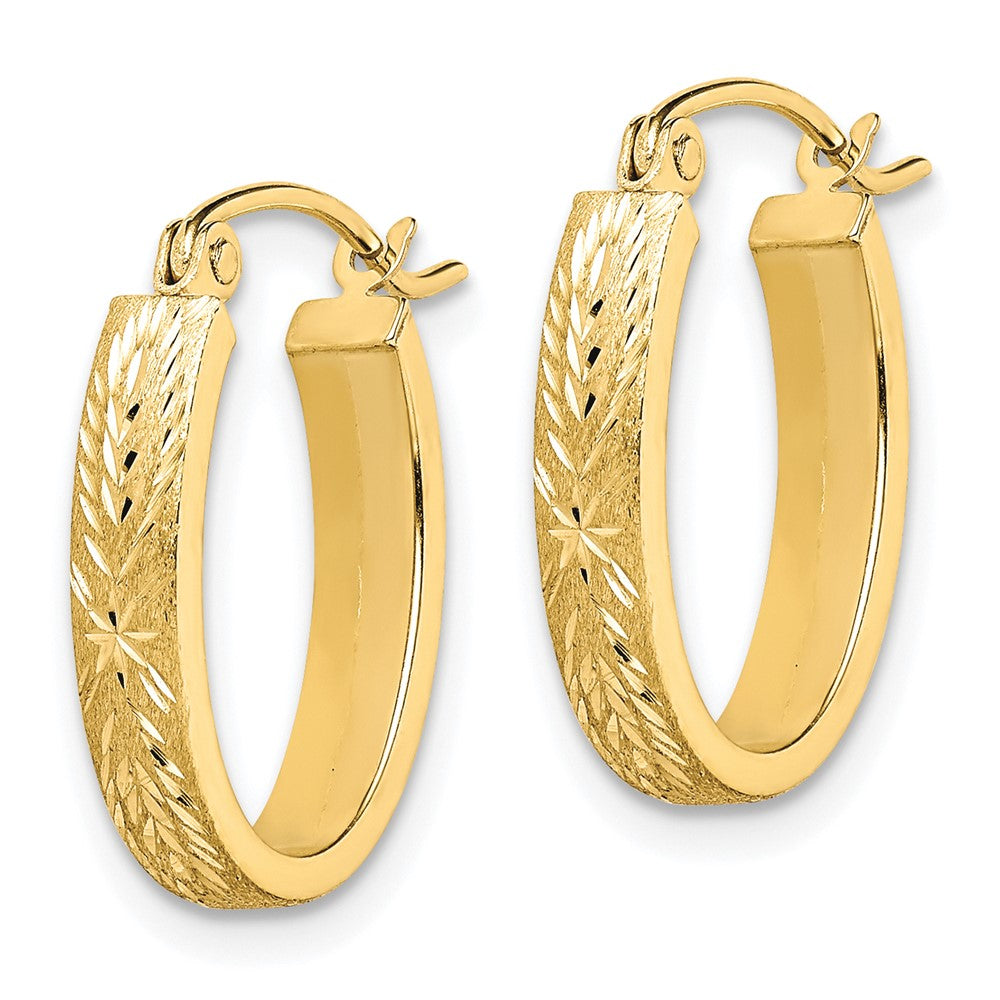 10k Yellow Gold 13 mm Brushed Diamond Cut Oval Hoop Earrings