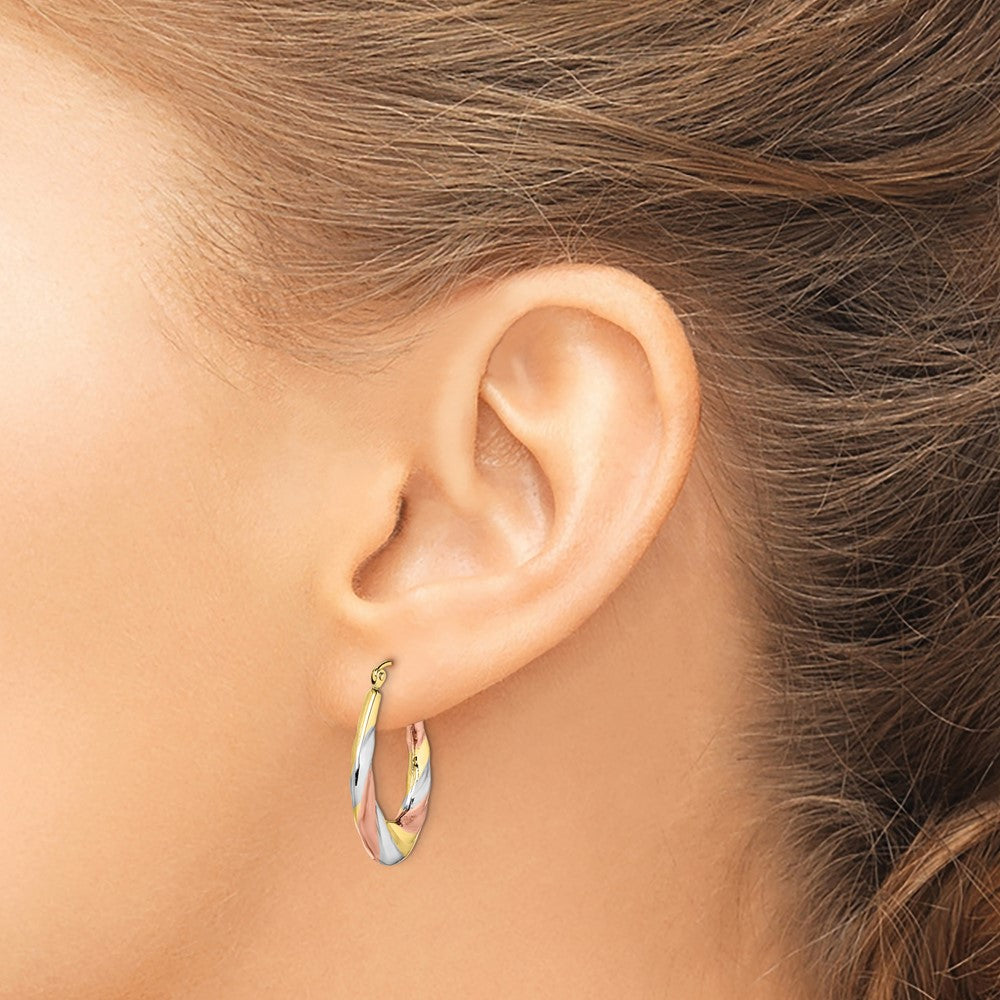 10k Yellow w/Rhodium 20 mm  Oval Scalloped Hollow Hoop Earrings (1.11 grams)