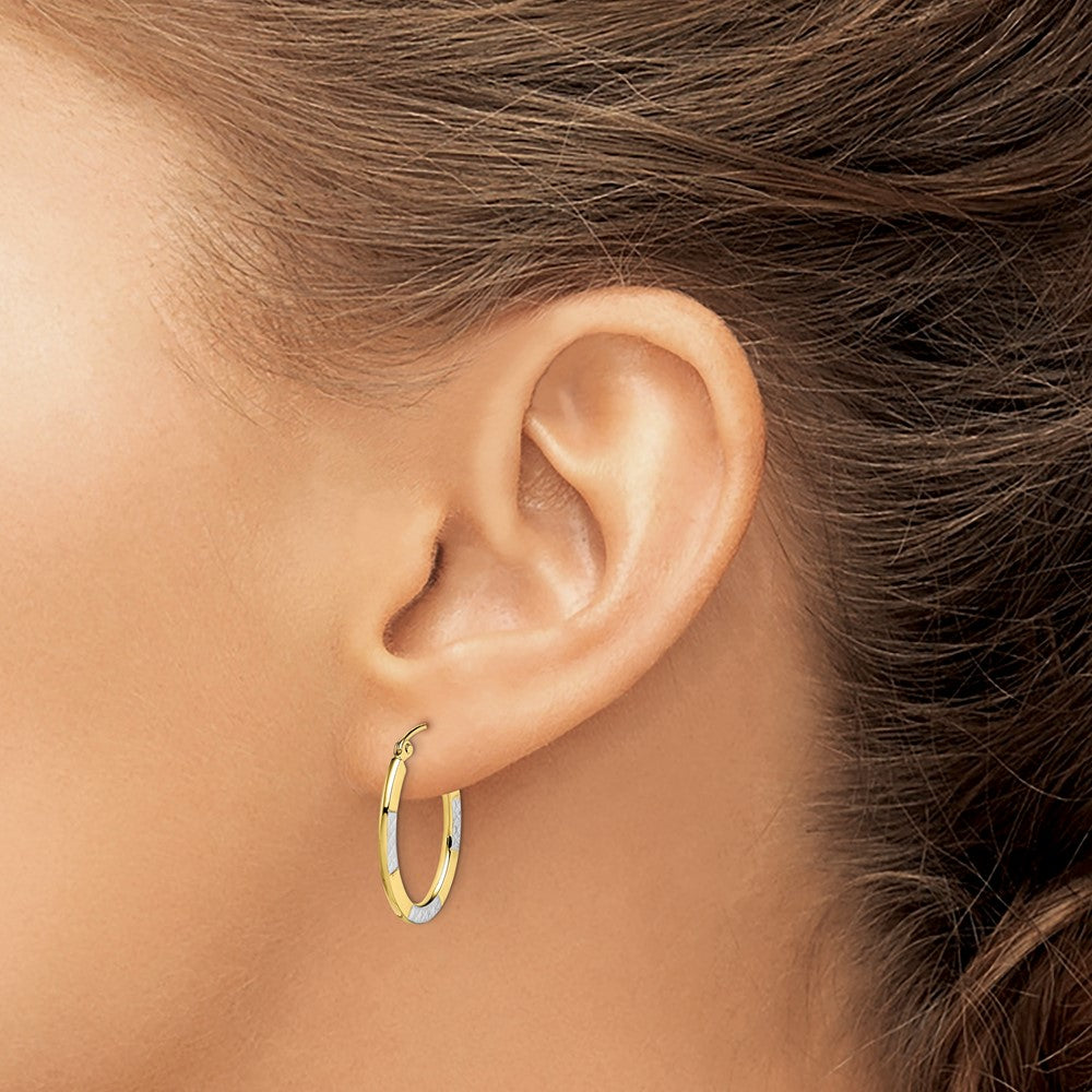 10k Yellow w/Rhodium 18 mm  Diamond Cut Oval Hoop Earrings (1 grams)