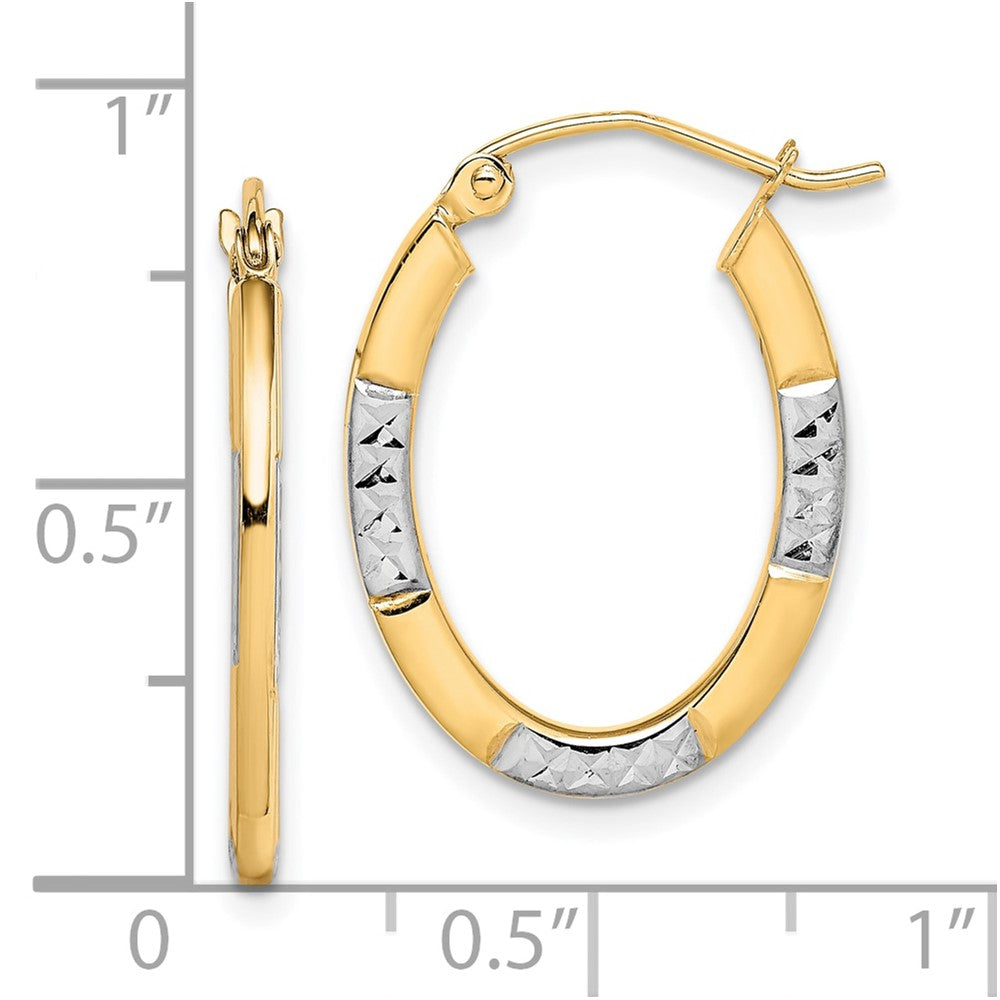 10k Yellow w/Rhodium 18 mm  Diamond Cut Oval Hoop Earrings (1 grams)
