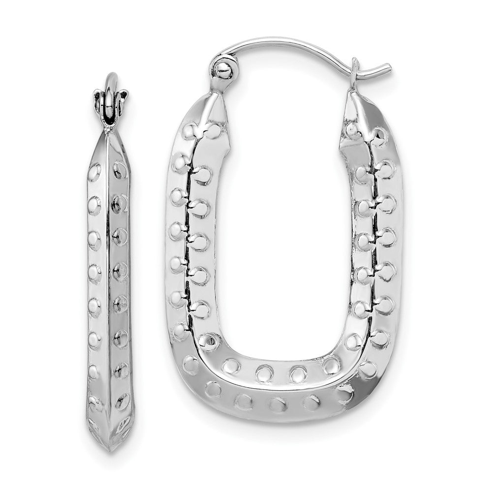 10k White Gold 15.57 mm Polished Textured Rectangle Hoop Earrings