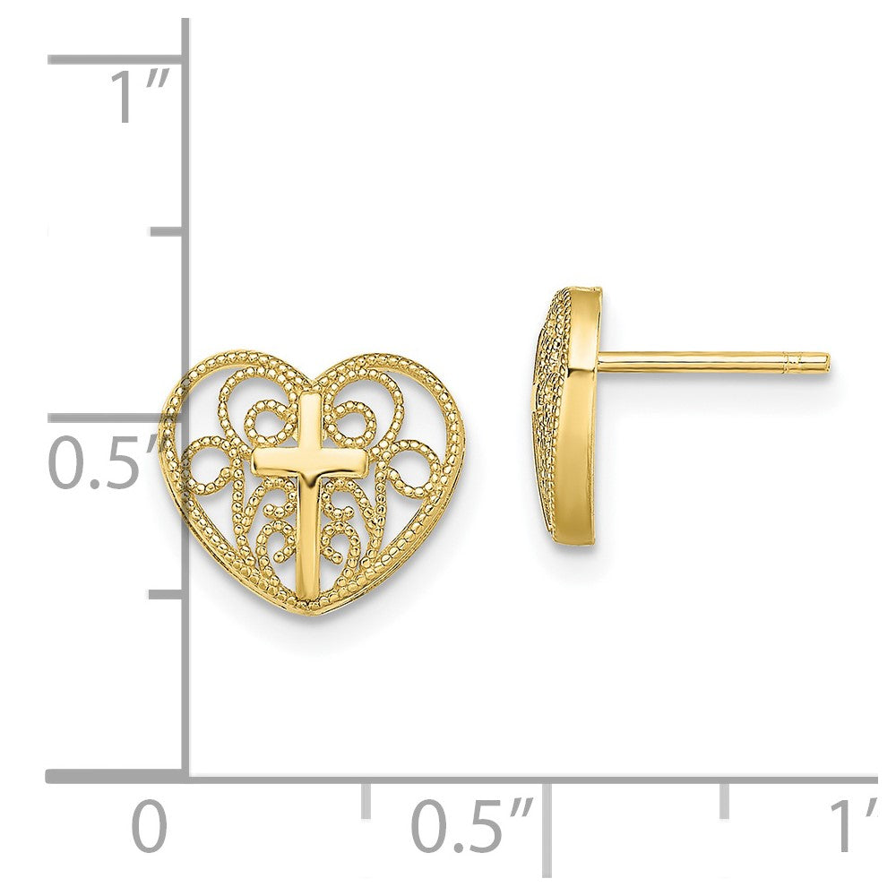 10k Yellow Gold 10.94 mm Heart w/Cross Post Earrings (0.98 grams)