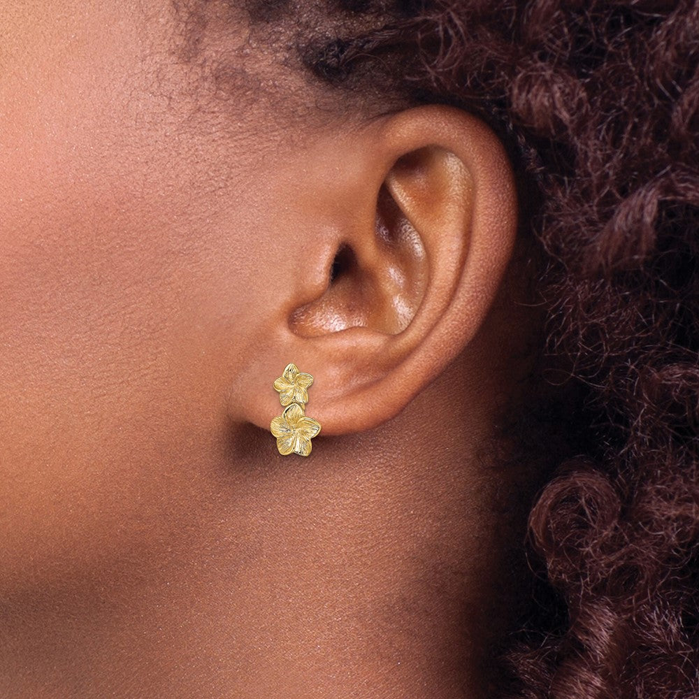 10k Yellow Gold 8.3 mm Double Plumeria Flower Post Dangle Earrings (1.23 grams)