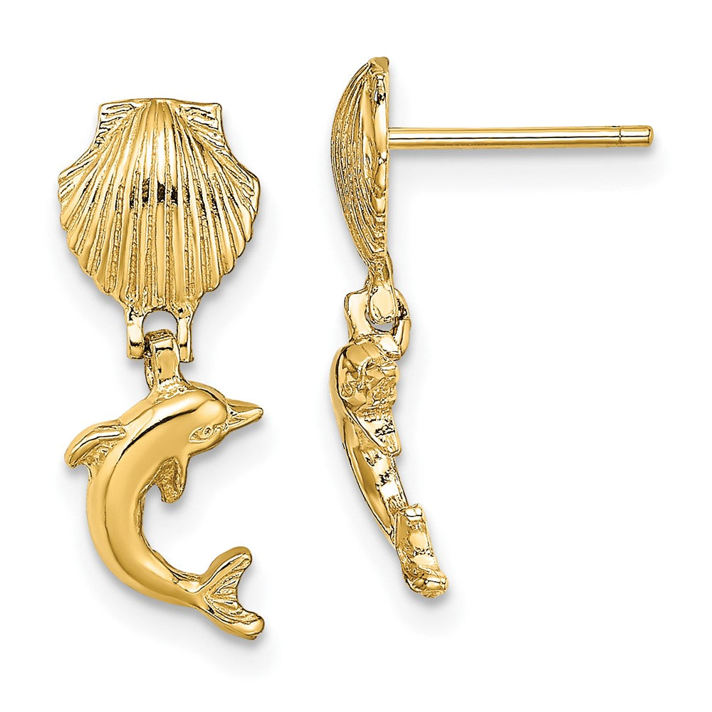 10k Yellow Gold 7.4 mm Dolphin Dangle From Mini Scallop Earrings