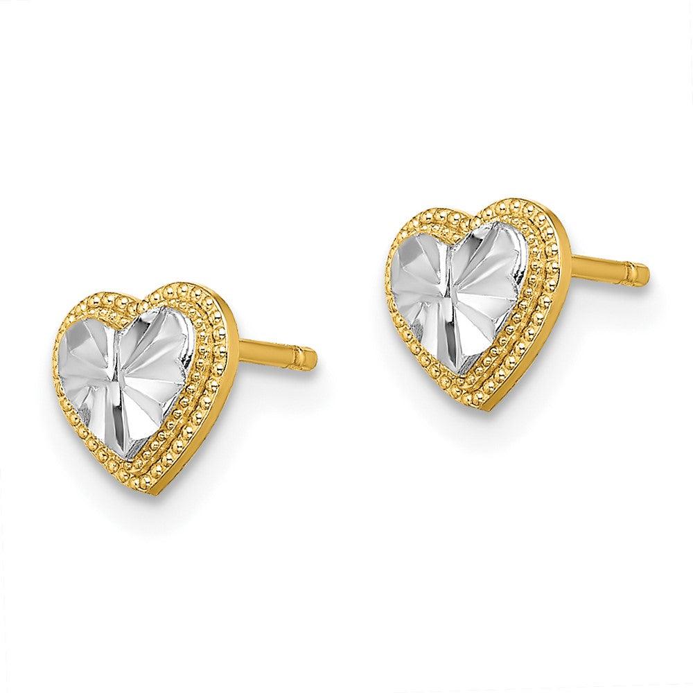 10k Yellow w/Rhodium 7.08 mm  D/C Heart Post Earrings (0.74 grams)