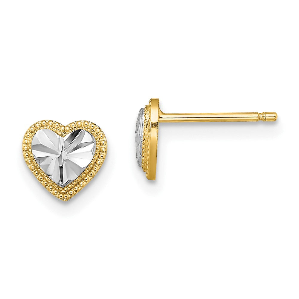 10k Yellow w/Rhodium 7.08 mm  D/C Heart Post Earrings (0.74 grams)