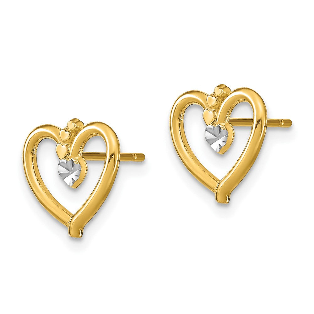 10k Yellow w/Rhodium 11 mm  D/C Heart Post Earrings (0.85 grams)