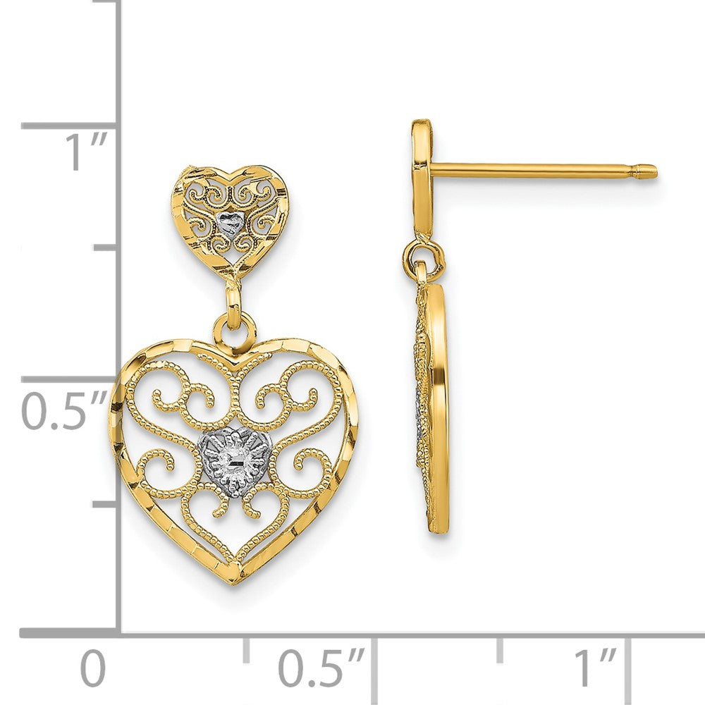 10k Yellow w/Rhodium 12.36 mm w/ RH Heart Beaded Filigree Dangle Earrings (1.27 grams)