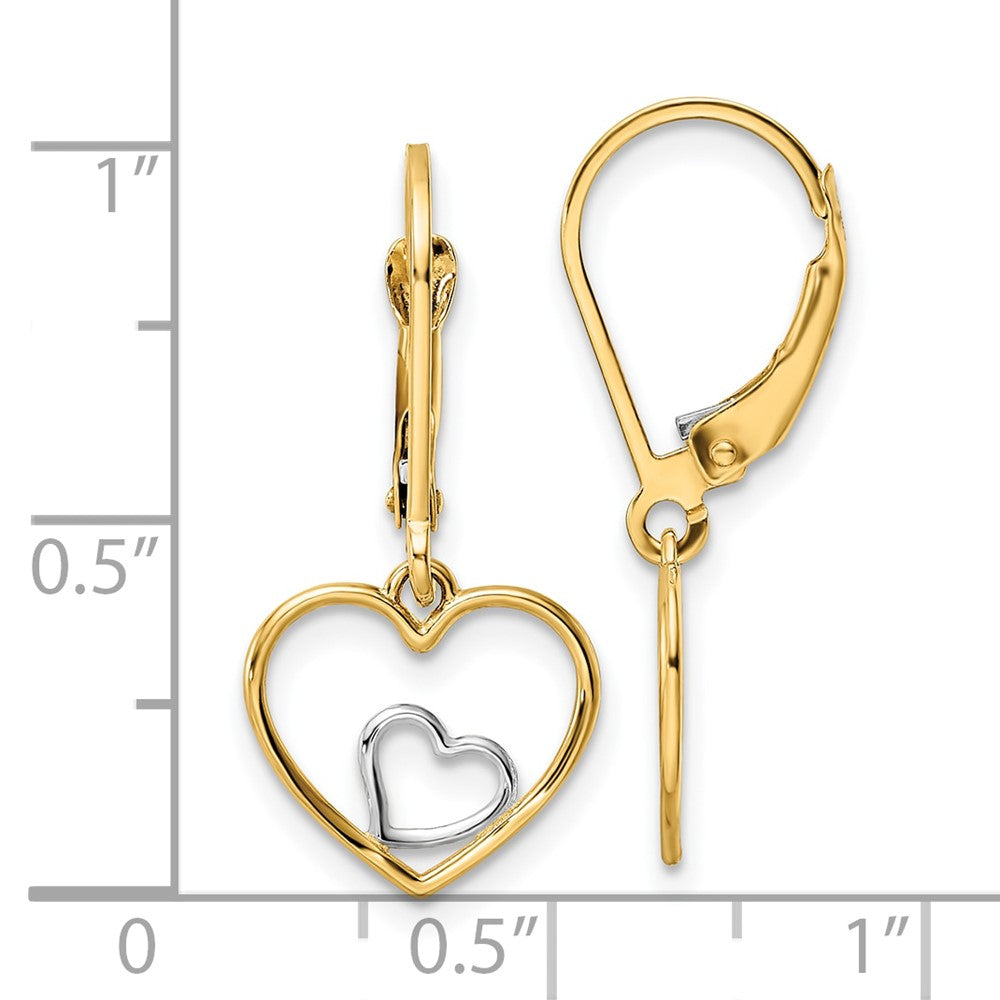 10k Yellow w/Rhodium 12.25 mm  Heart in Heart Leverback Dangle Earrings (1.19 grams)