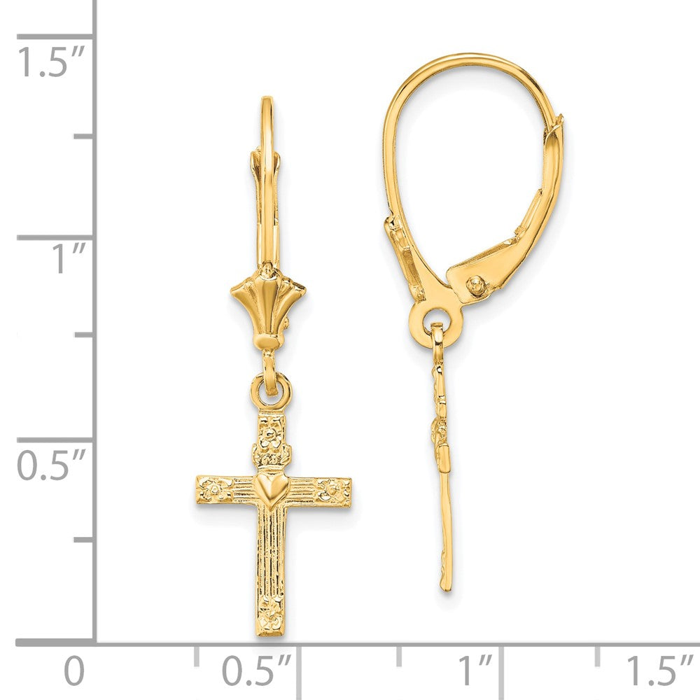 10k Yellow Gold 8.9 mm Textured Heart In Cross Leverback Earrings