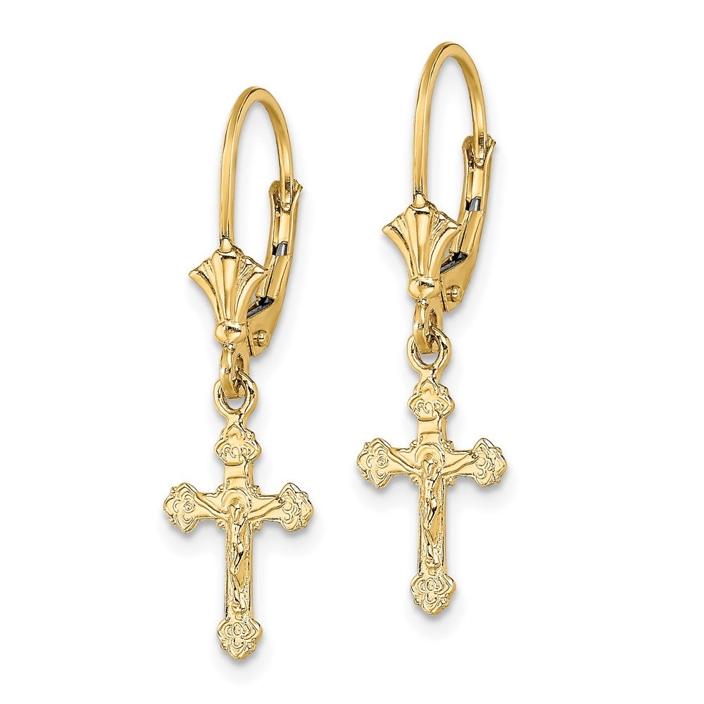 10k Yellow Gold 9 mm Jesus Crucifix Leverback Earrings