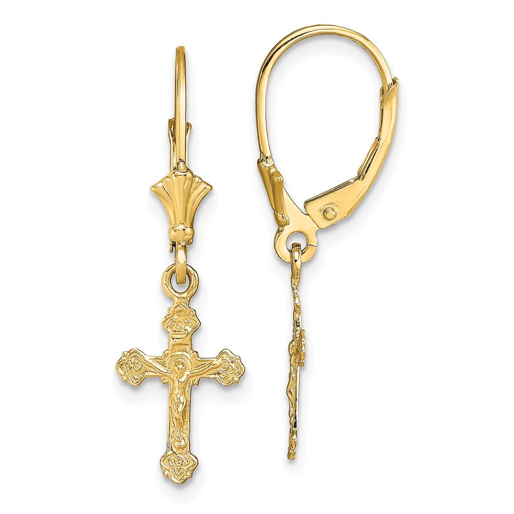 10k Yellow Gold 9 mm Jesus Crucifix Leverback Earrings