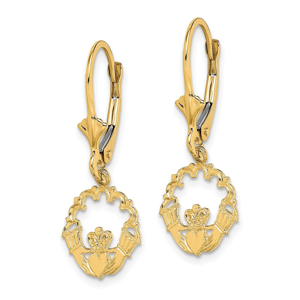 10k Yellow Gold 10.8 mm Polished Claddagh Leverback Earrings