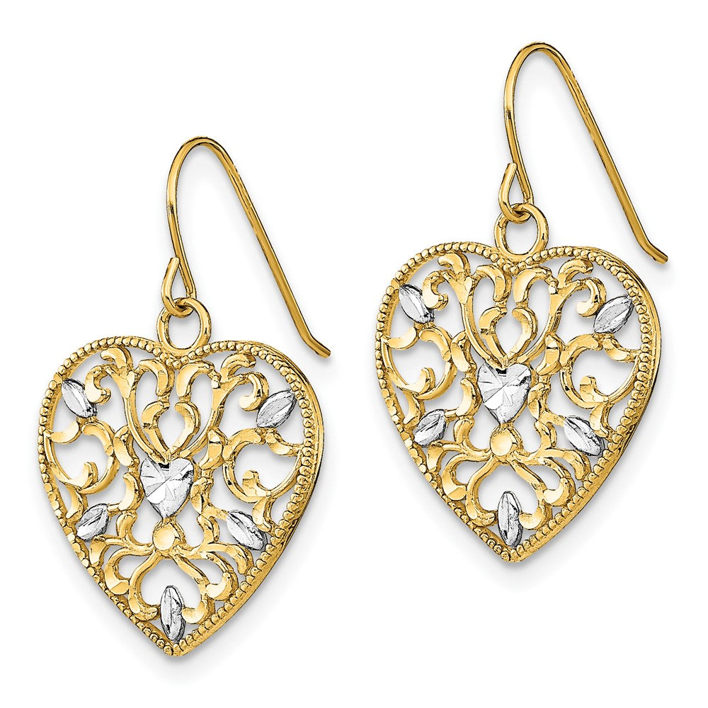 10k Yellow w/Rhodium 15.43 mm w/ RH Filigree Cut-Out Heart Wire Earrings (1.63 grams)