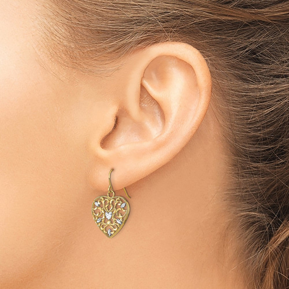 10k Yellow w/Rhodium 15.43 mm w/ RH Filigree Cut-Out Heart Wire Earrings (1.63 grams)