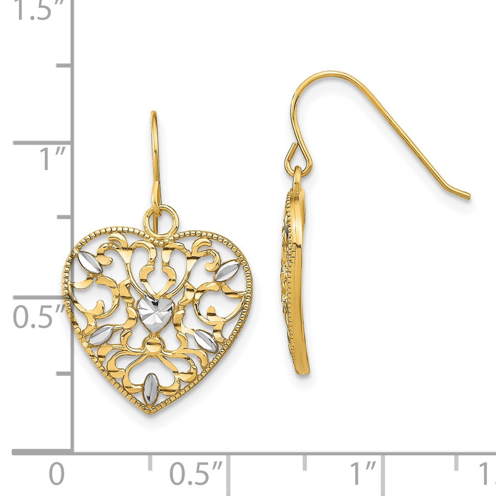 10k Yellow w/Rhodium 15.43 mm w/ RH Filigree Cut-Out Heart Wire Earrings (1.63 grams)