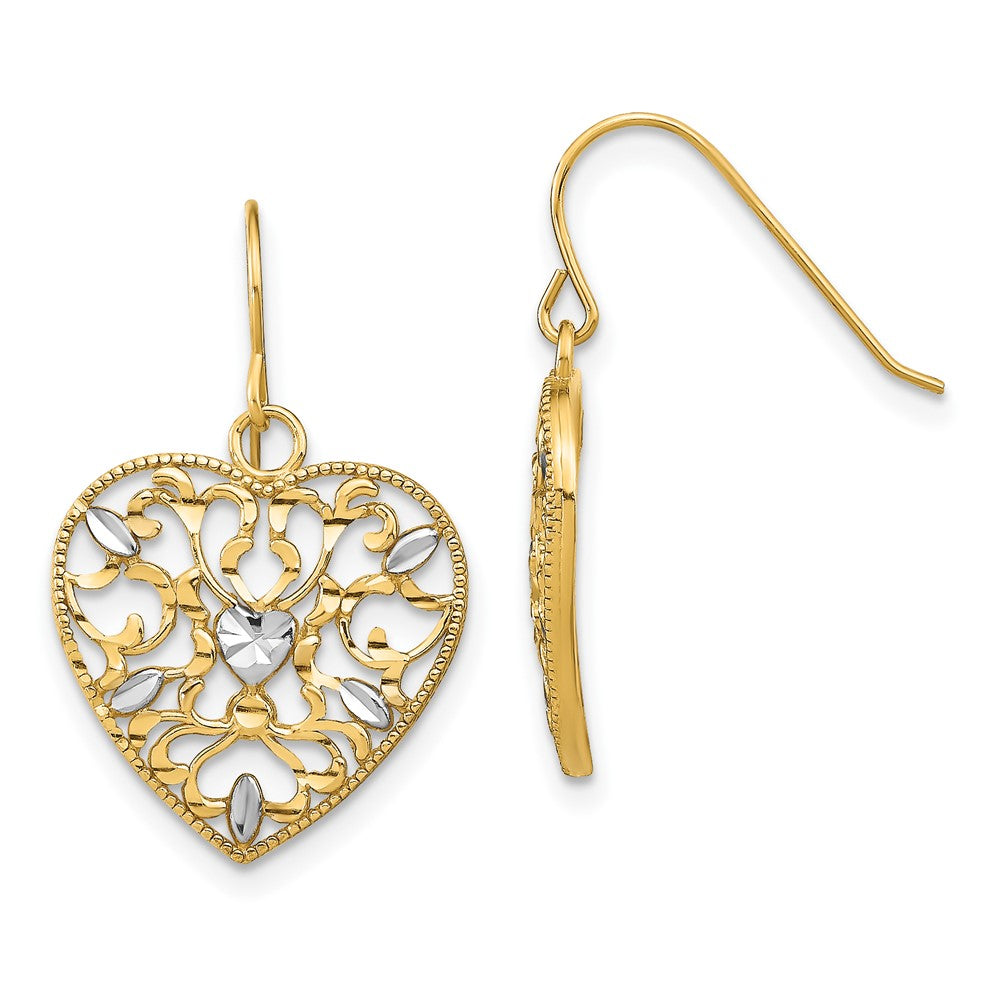 10k Yellow w/Rhodium 15.43 mm w/ RH Filigree Cut-Out Heart Wire Earrings (1.63 grams)