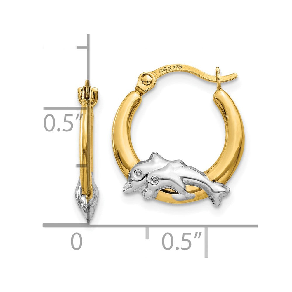 10k Yellow w/Rhodium 14 mm  Dolphin Hoop Earrings (0.48 grams)