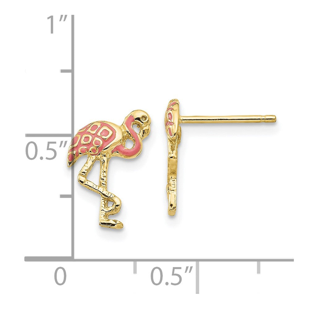 10k Yellow Gold 9 mm Pink Enameled Flamingo Post Earrings (0.93 grams)