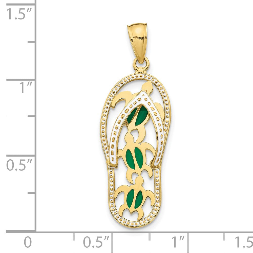 10k Yellow Gold 11 mm Enamel Cut-out Flip Flop w/ Sea Turtles Pendant (1.76 grams)