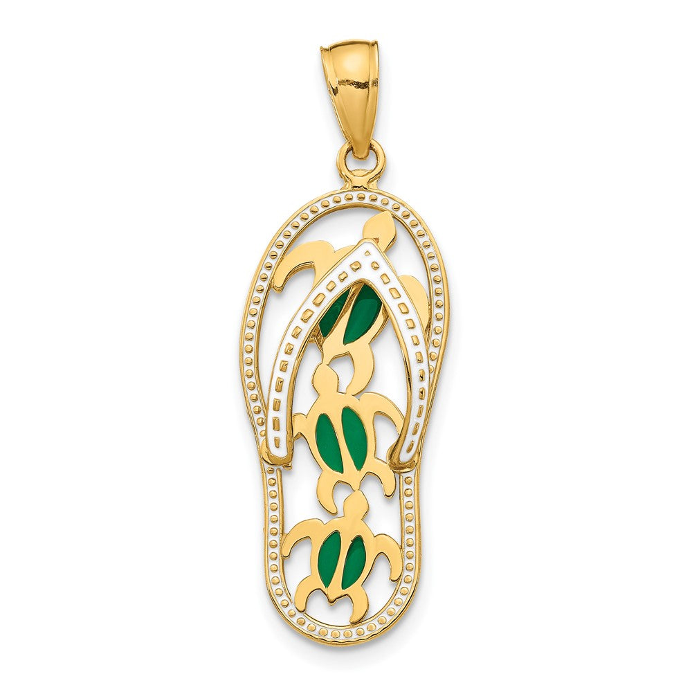 10k Yellow Gold 11 mm Enamel Cut-out Flip Flop w/ Sea Turtles Pendant