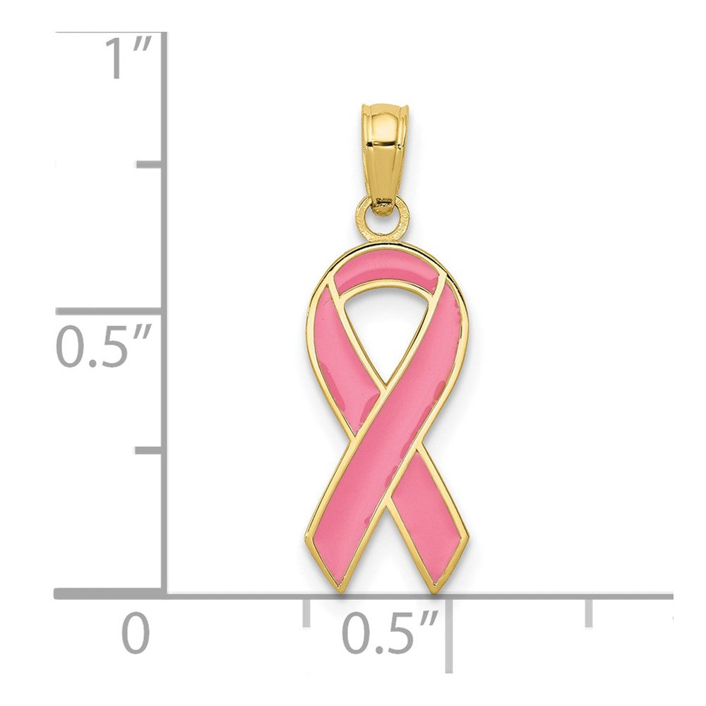 10k Yellow Gold 13 mm Pink Enameled Awareness Ribbon Pendant (0.74 grams)