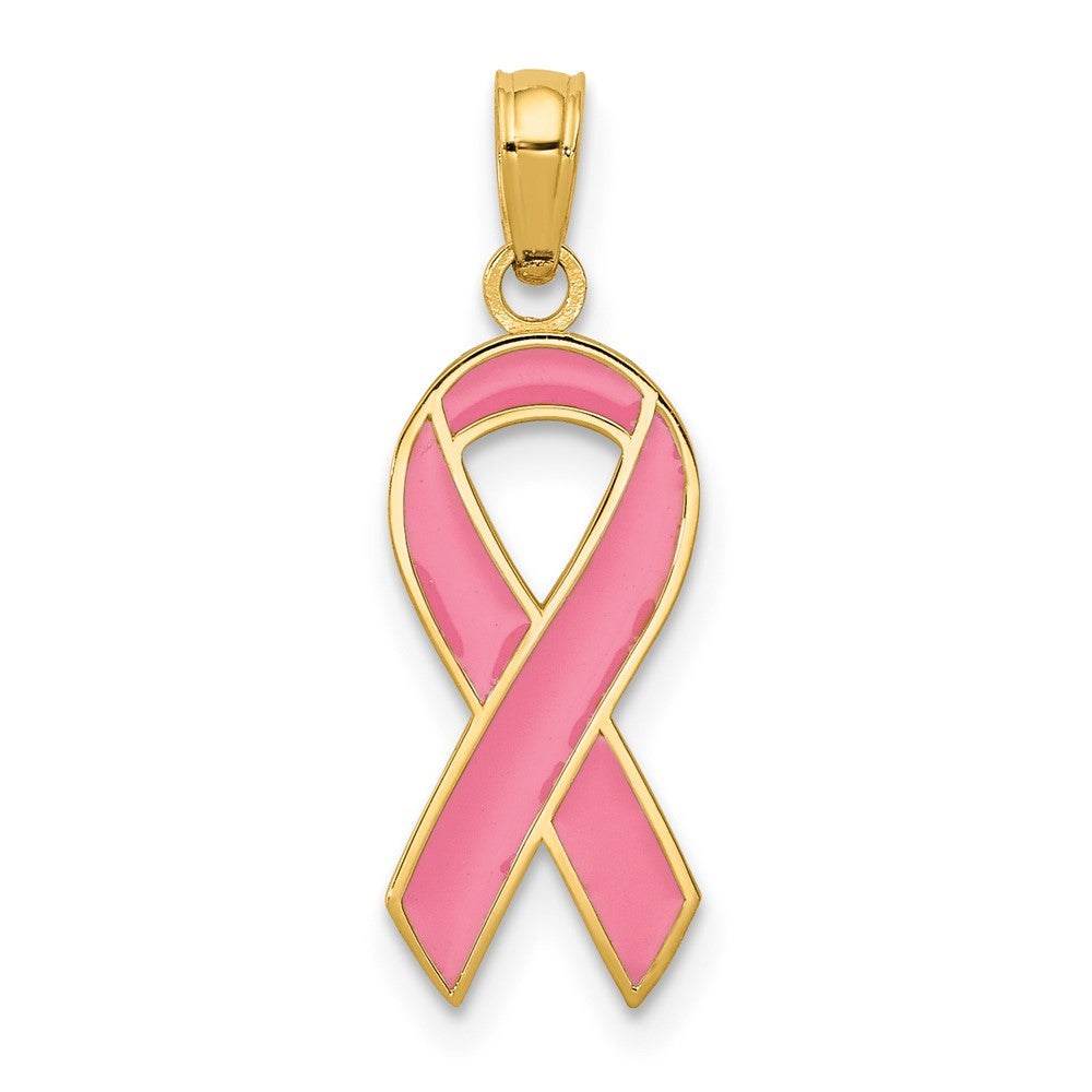 10k Yellow Gold 13 mm Pink Enameled Awareness Ribbon Pendant (0.74 grams)