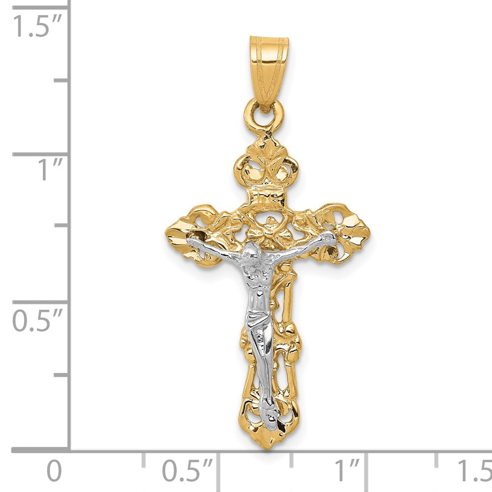 10k Two-tone 18 mm Fleur De Lis Jesus Crucifix Pendant (1.51 grams)