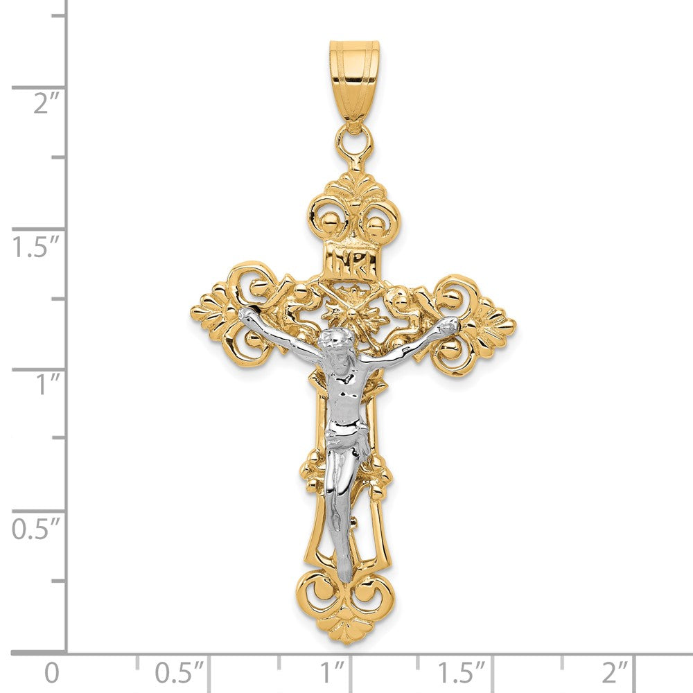 10k Two-tone 31 mm INRI Fleur De Lis Jesus Crucifix Pendant (4.93 grams)