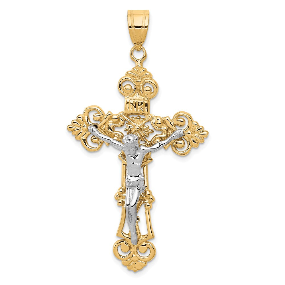 10k Two-tone 31 mm INRI Fleur De Lis Jesus Crucifix Pendant (4.93 grams)