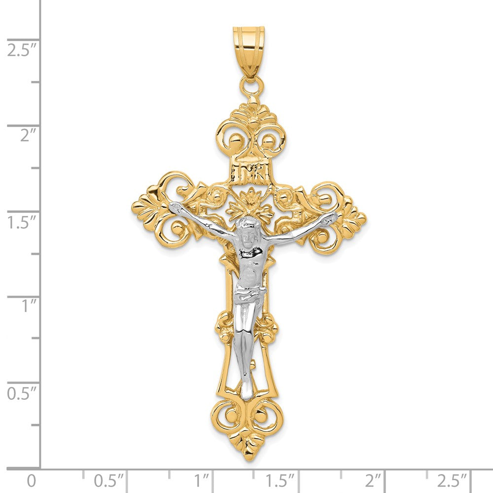 10k Two-tone 36 mm INRI Fleur De Lis Jesus Crucifix Pendant (6.22 grams)