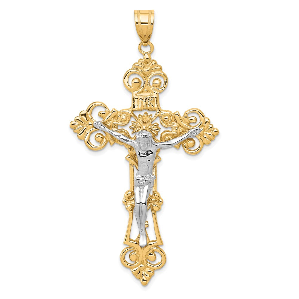 10k Two-tone 36 mm INRI Fleur De Lis Jesus Crucifix Pendant (6.22 grams)