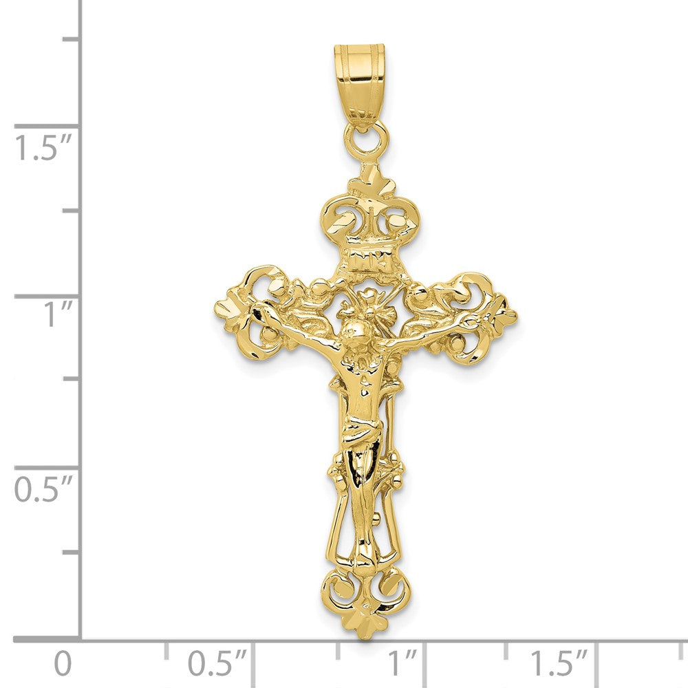 10k Yellow Gold 24 mm INRI Fleur De Lis Jesus Crucifix Pendant (2.79 grams)